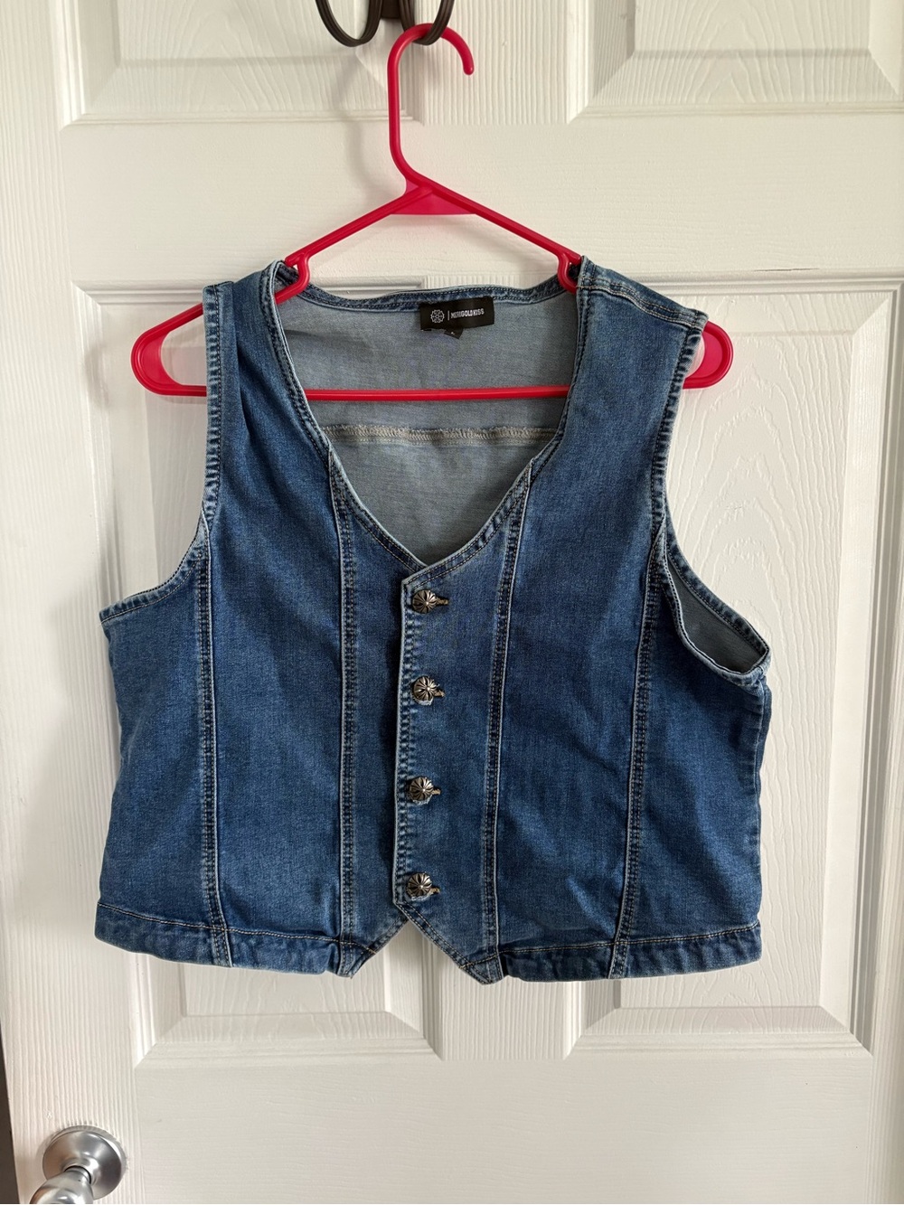 Sleeveless Denim Vest with Iridescent Rodeo Graphic - Blue - Picture 2 of 3